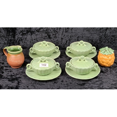 142 - Pretty green vintage lidded pottery dishes by CH Brannam of Barnstaple, plus a Clovelly jug and a pi... 