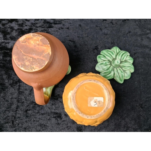 142 - Pretty green vintage lidded pottery dishes by CH Brannam of Barnstaple, plus a Clovelly jug and a pi... 