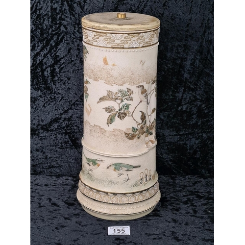 155 - Old Satsuma ware ceramic item - could be a lamp stand - has interesting finger marks/grooves on each... 