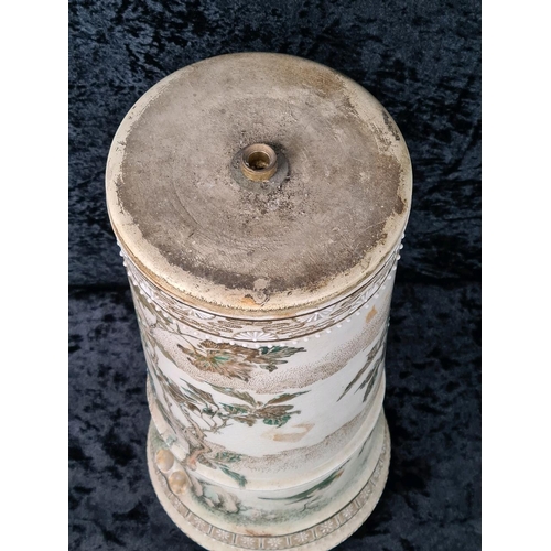 155 - Old Satsuma ware ceramic item - could be a lamp stand - has interesting finger marks/grooves on each... 