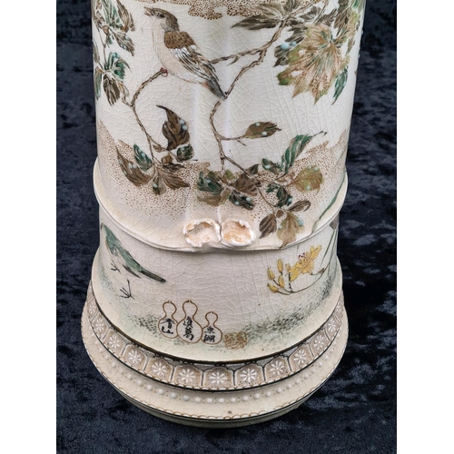 155 - Old Satsuma ware ceramic item - could be a lamp stand - has interesting finger marks/grooves on each... 