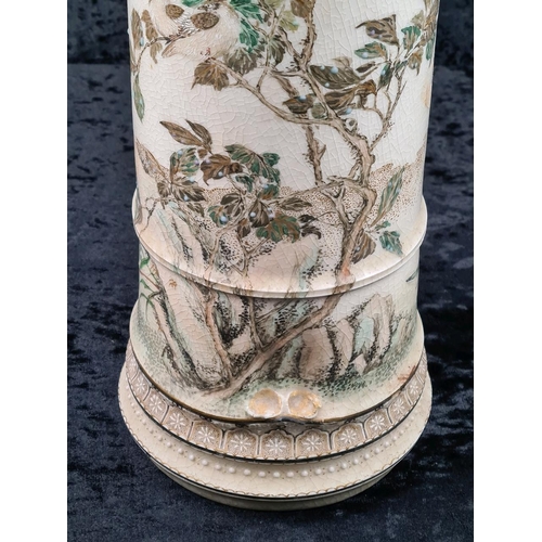 155 - Old Satsuma ware ceramic item - could be a lamp stand - has interesting finger marks/grooves on each... 