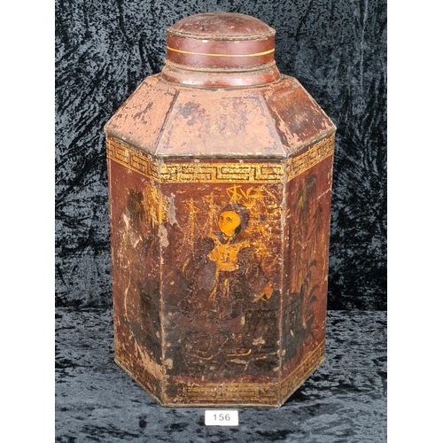 156 - Wonderful old large painted metal tea container from Bristol. Approx H44cm.