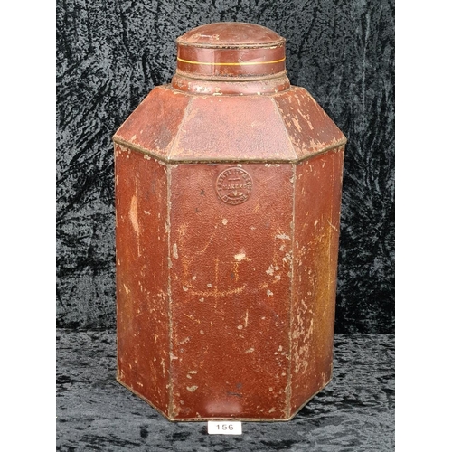 156 - Wonderful old large painted metal tea container from Bristol. Approx H44cm.