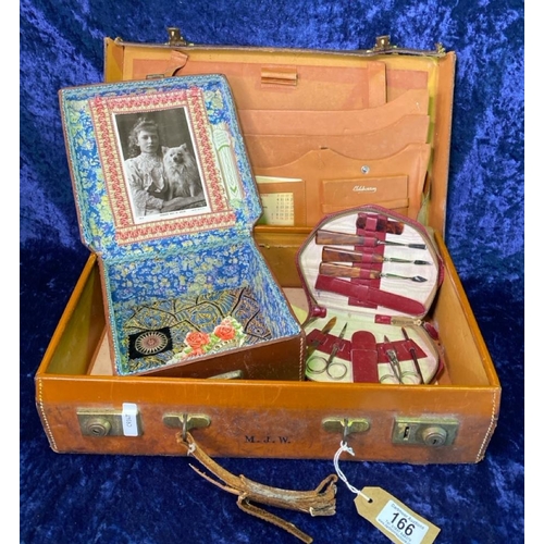 166 - Leather stationery case (a/f) plus another decorative leather box and a manicure kit. Case approx H1... 