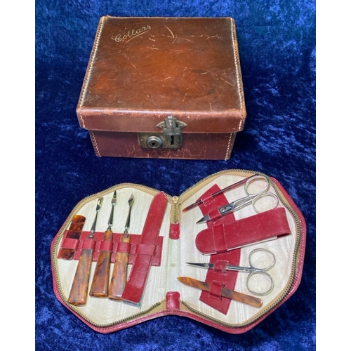 166 - Leather stationery case (a/f) plus another decorative leather box and a manicure kit. Case approx H1... 