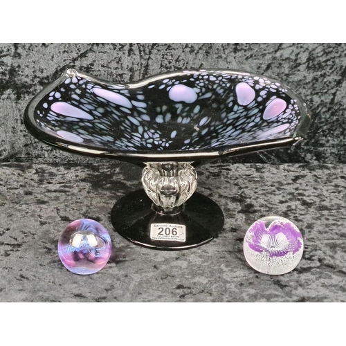 206 - Impressive large Murano style art glass pedestal dish with pink mottled design, approx H16cm and two... 