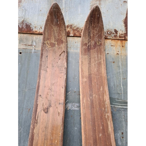 257 - Set of wooden vintage skis and poles, relive the Winter Olympics or great as a display piece,