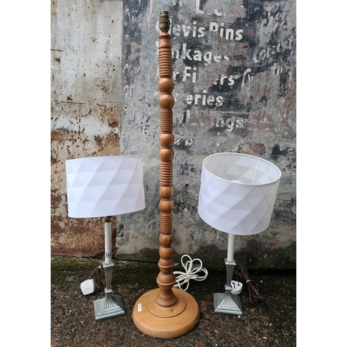264 - A pair of metal lamp bases with shades and an unusual mid height turned wooden lamp base approx H100... 