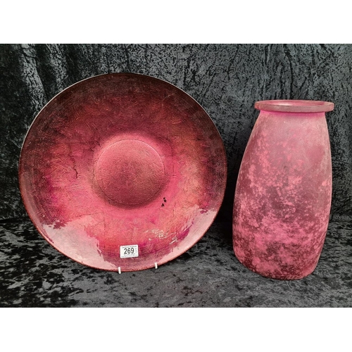 269 - Two cranberry coloured glass pieces, large bowl approx D40cm and vase approx H34cm.