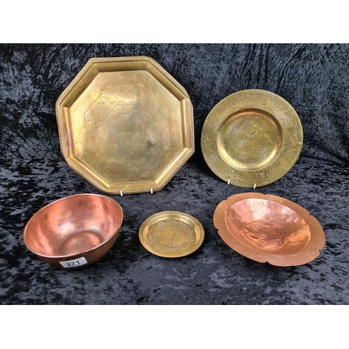 271 - Heavy copper bowl and hammered copper footed bowl, two Chinese brass decorated plates and a hexagona... 
