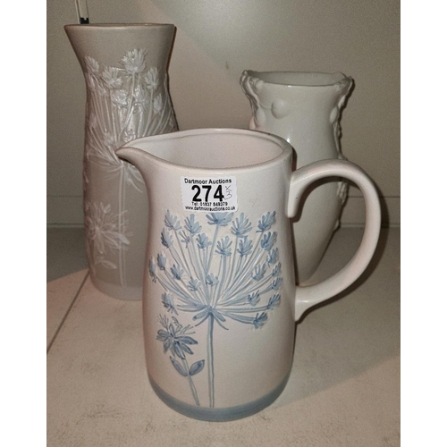 274 - Two lovely vases and a cottage style jug with agapanthus design. Tallest vase approx H30cm