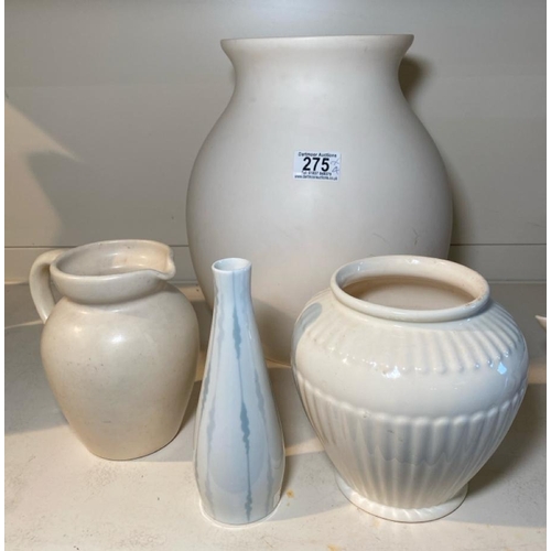 275 - Large cream vase approx H30cm, small cottage style jug, ribbed vase and a Royal Dux squiggle decorat... 