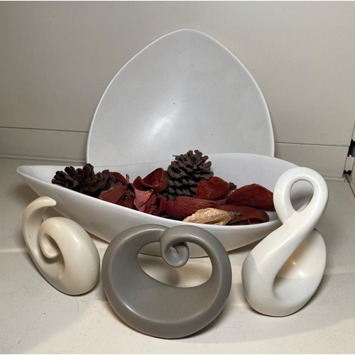 276 - Five pieces of decorative ceramics, two bowls (longest approx W33cm) and three abstract pottery piec... 