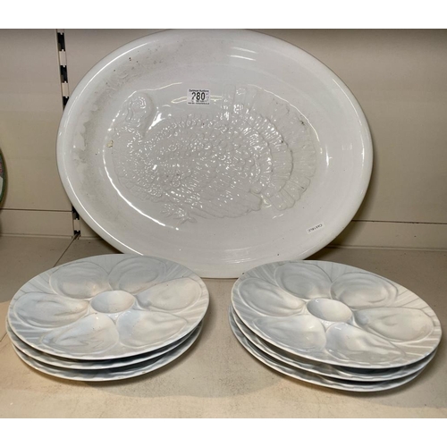 280 - Large turkey plate approx W48cm and six Millivuit oyster dishes.