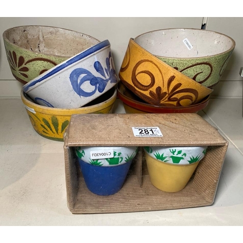 281 - Five rustic hand painted pottery kitchen bowls approx D20cm, one French vintage brown glass bowl and... 
