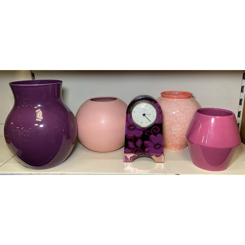 290 - Four pink and purple ceramic vases tallest approx H25cm and an attractive mirror and flower patterne... 