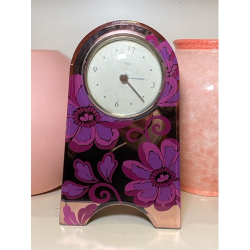 290 - Four pink and purple ceramic vases tallest approx H25cm and an attractive mirror and flower patterne... 