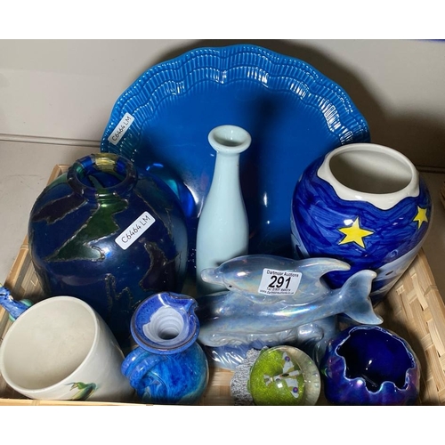 291 - Collection of blue ceramic and glass. Including a studio pottery jug by Rupert Blamiro approx H13cm,... 