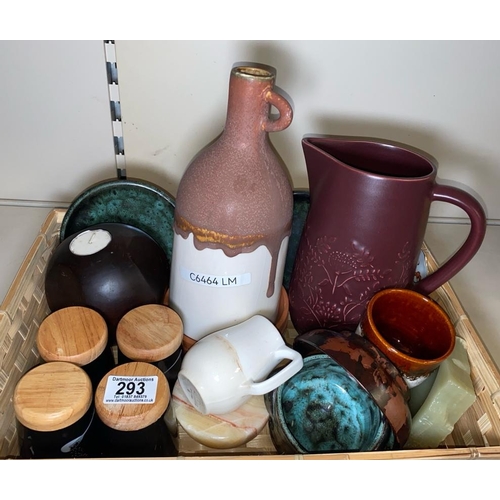 293 - Mixed lot of homewares including large useful jug approx H21cm, four quirky spice jars, Bakelite bow... 