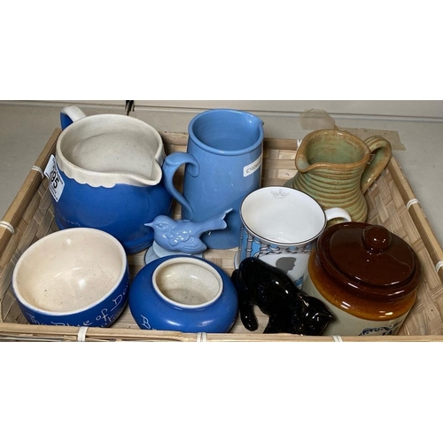 295 - Devon blue Jug and trinket pots, useful small blue dudson jug and ribbed jug, jam pot, Princess Dian... 