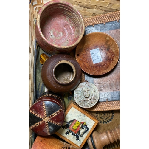 301 - Selection of assorted trinket boxes, stoneware pots and a mother of pearl inlaid flat bowl.