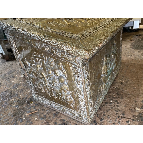 316 - Hammered brass fireside coal bin aka a purdonium! - approx H39cm x D32cm x W50cm.