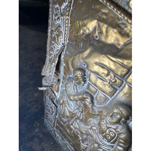 316 - Hammered brass fireside coal bin aka a purdonium! - approx H39cm x D32cm x W50cm.