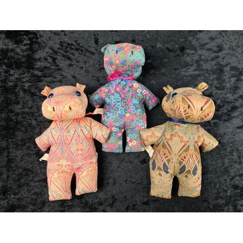 328 - Three vintage bean Liberty fabric hippos. With Liberty ribbon label.