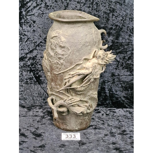 333 - Heavily patinated oriental bronze dragon vase, approx H26cm