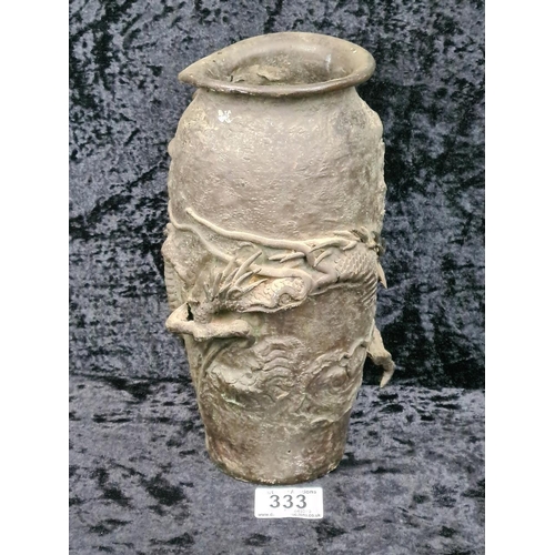 333 - Heavily patinated oriental bronze dragon vase, approx H26cm