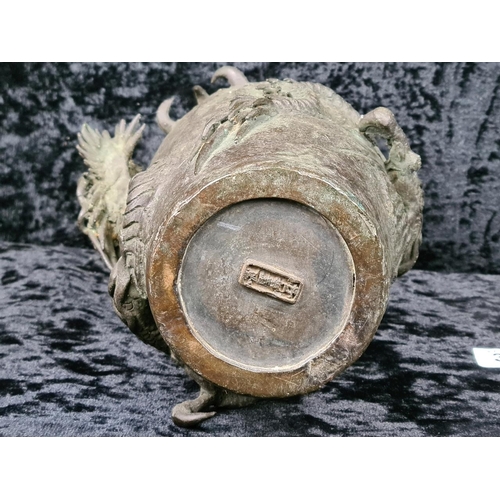 333 - Heavily patinated oriental bronze dragon vase, approx H26cm