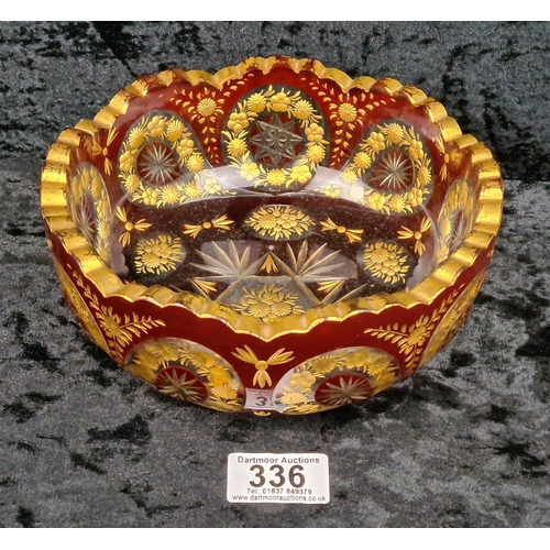 336 - Bohemian red and clear crystal bowl with gilded pattern, approx Dia18cm.
