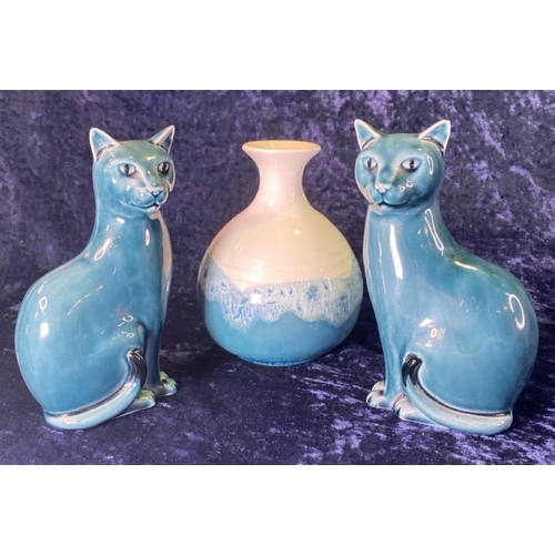 358 - A pair of Poole pottery cats, approx H16.5cm and a studio pottery tri colour vase approx H15cm