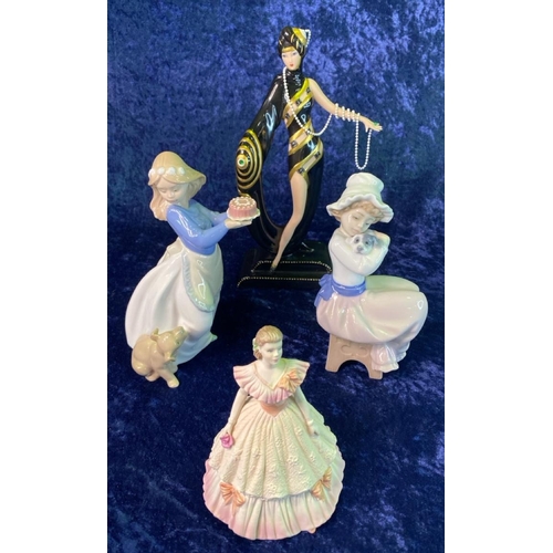 363 - Four elegant figurines. Two Nao, one Coalport figurine, (boxed) and an art deco style limited editio... 
