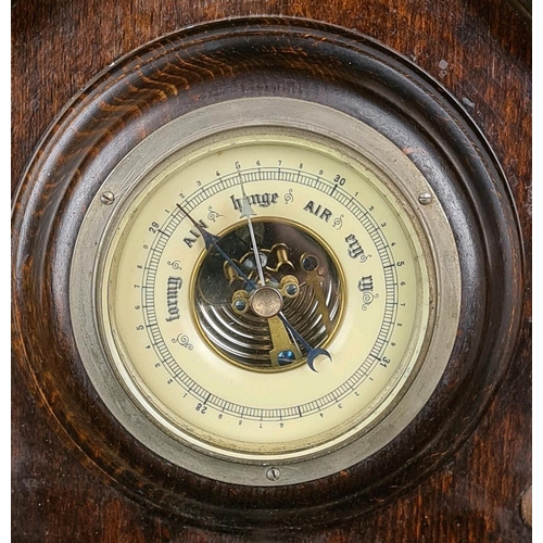 102 - 1920s oak-framed wall-mounted aneroid barometer (in working order) and three original clothes brushe... 