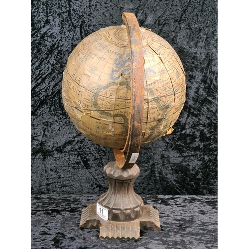 11 - Vintage French terrestrial globe themed around 17th-century cartography, with a metal frame and pede... 