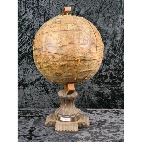 11 - Vintage French terrestrial globe themed around 17th-century cartography, with a metal frame and pede... 