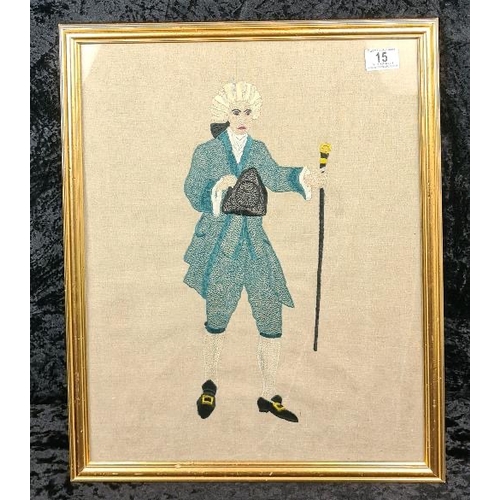 15 - Framed embroidery of a very dandy 18th-century gent. Frame measures approx H55cm x W45cm.
