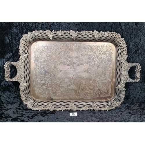 19 - 1930s decorative silver-plate tray with a pierced border and scrollwork handles. Enscribed with the ... 