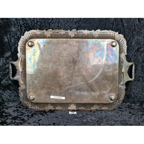 19 - 1930s decorative silver-plate tray with a pierced border and scrollwork handles. Enscribed with the ... 