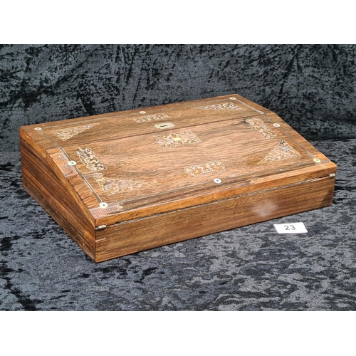 23 - 19th-century rosewood desktop writing slope featuring intricate mother-of-pearl inlay - and key whic... 