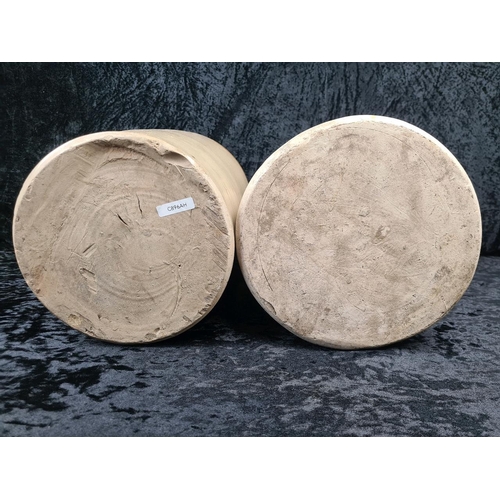 26 - Impressive pair of antique stoneware flagons in a two-tone colour-way with salt glaze finish. Each a... 