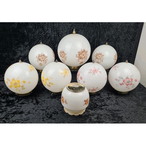 27 - Wonderful collection of vintage opal glass shades with floral decals. Can be used for ceiling or tab... 