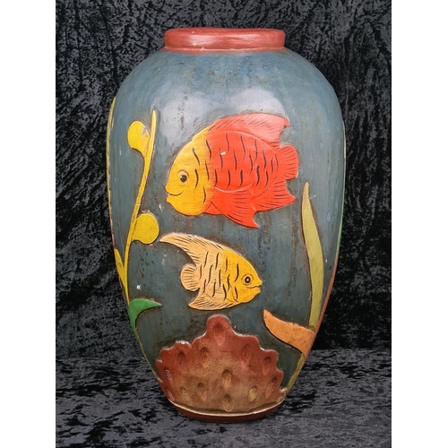 33 - Fabulous large decorative vase made from wood and handprinted with tropical fish. Most likely Centra... 
