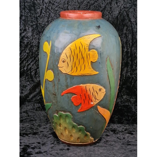 33 - Fabulous large decorative vase made from wood and handprinted with tropical fish. Most likely Centra... 