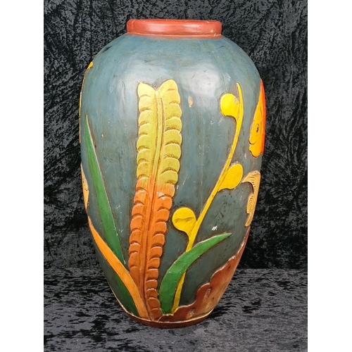 33 - Fabulous large decorative vase made from wood and handprinted with tropical fish. Most likely Centra... 