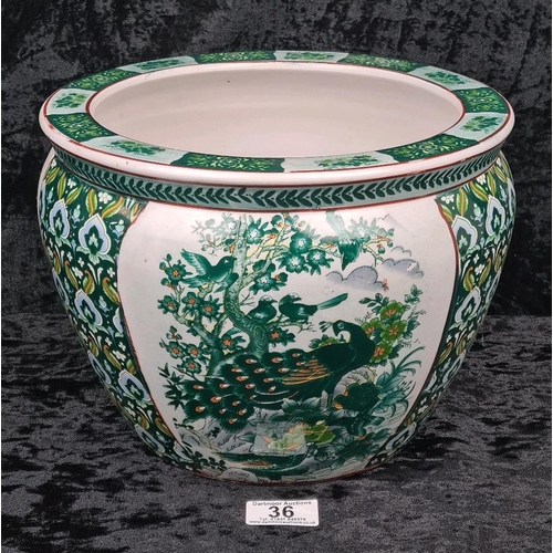 36 - Chinese pot / jardiniere with a peacock motif, and orange and green fish painted on the inside. Appr... 