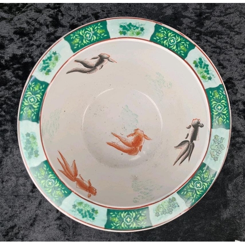 36 - Chinese pot / jardiniere with a peacock motif, and orange and green fish painted on the inside. Appr... 