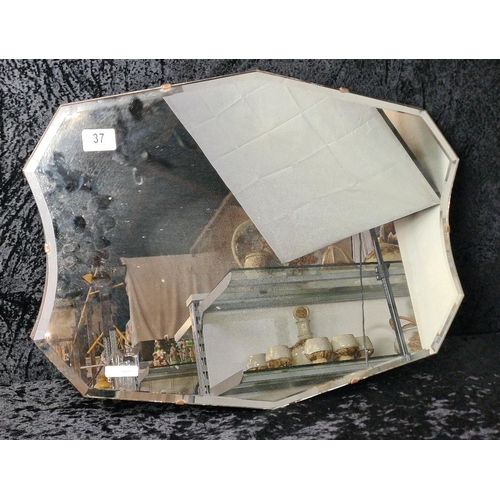 37 - Vintage Art Deco style frameless bevel-edge wall mirror - needs replacement chain. Approx H45 x W64c... 